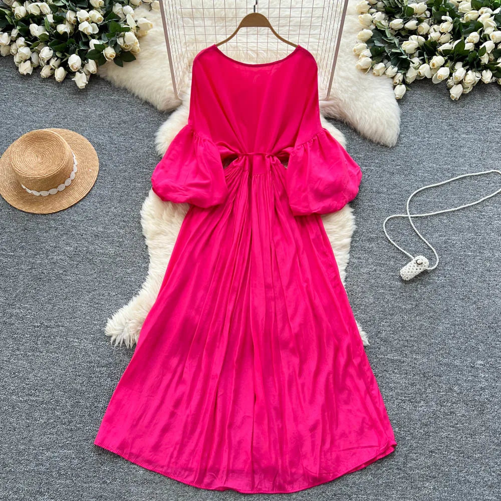Ruched Lantern Sleeve V-Neck Maxi Dress