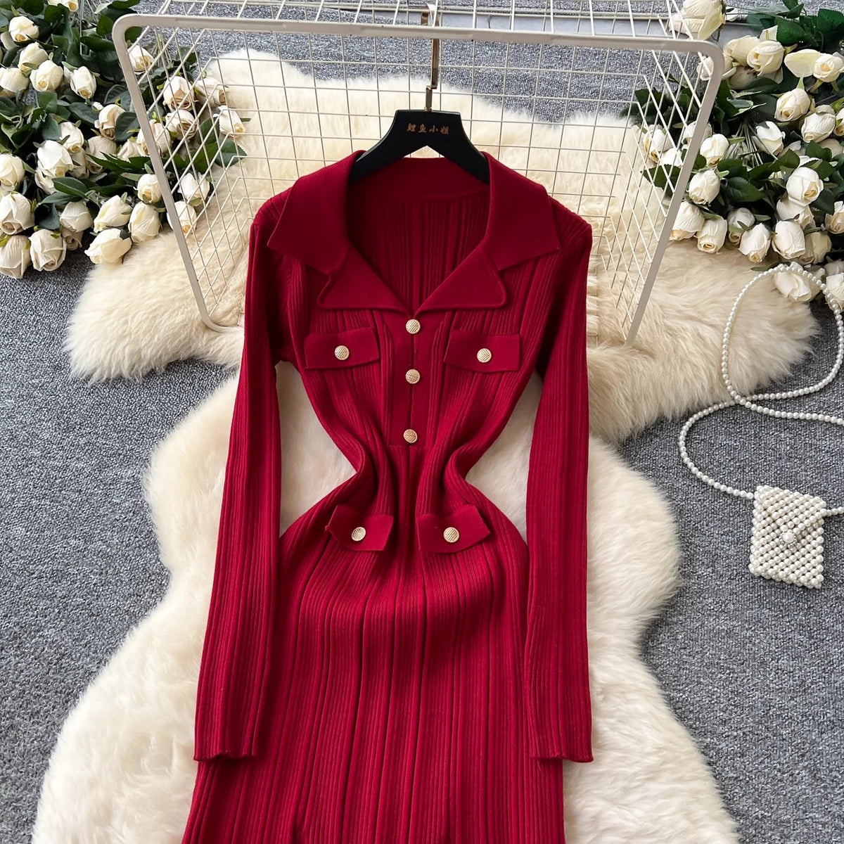 Collared Button Knit Office Sweater Dress