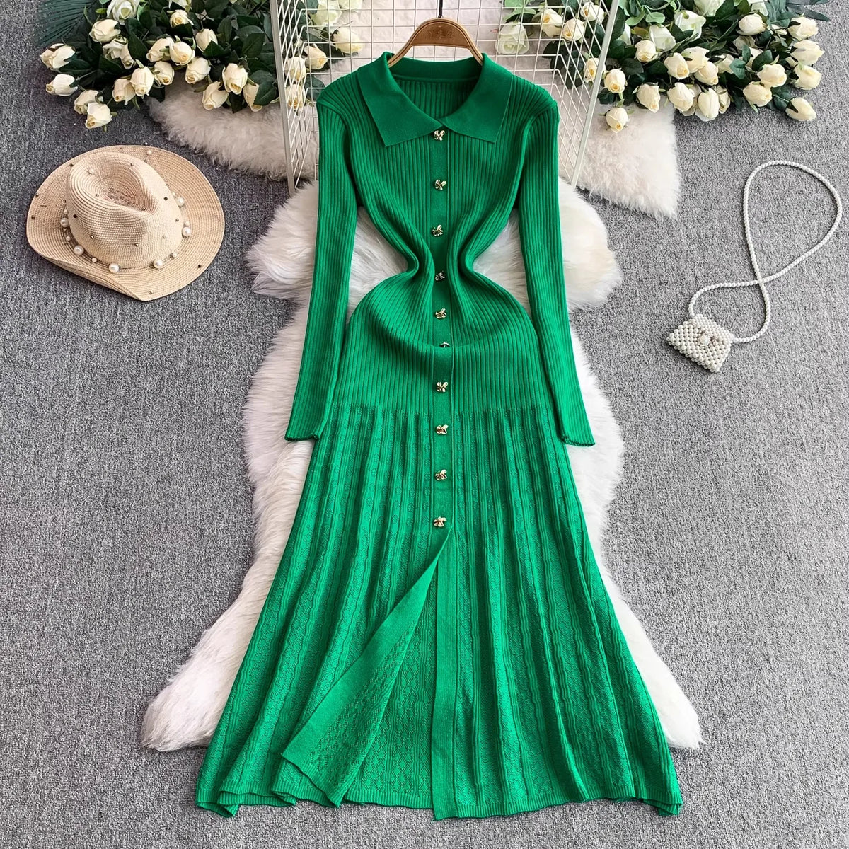 Vintage Collared Maxi Sweater Dress