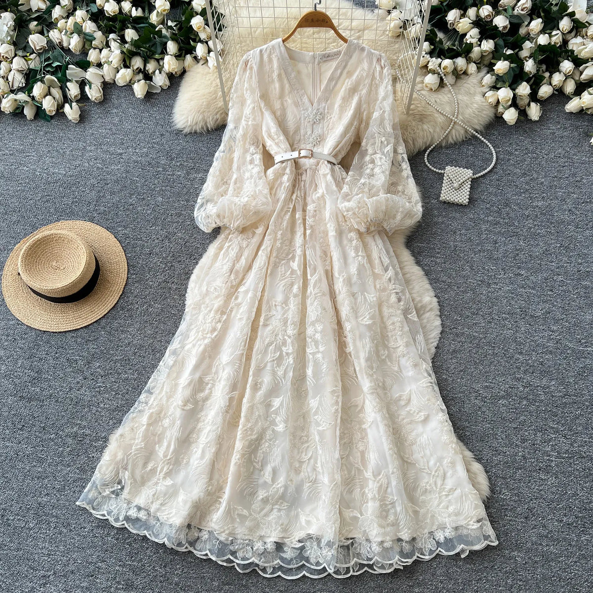 Lace Embroidered V-Neck Maxi Gown