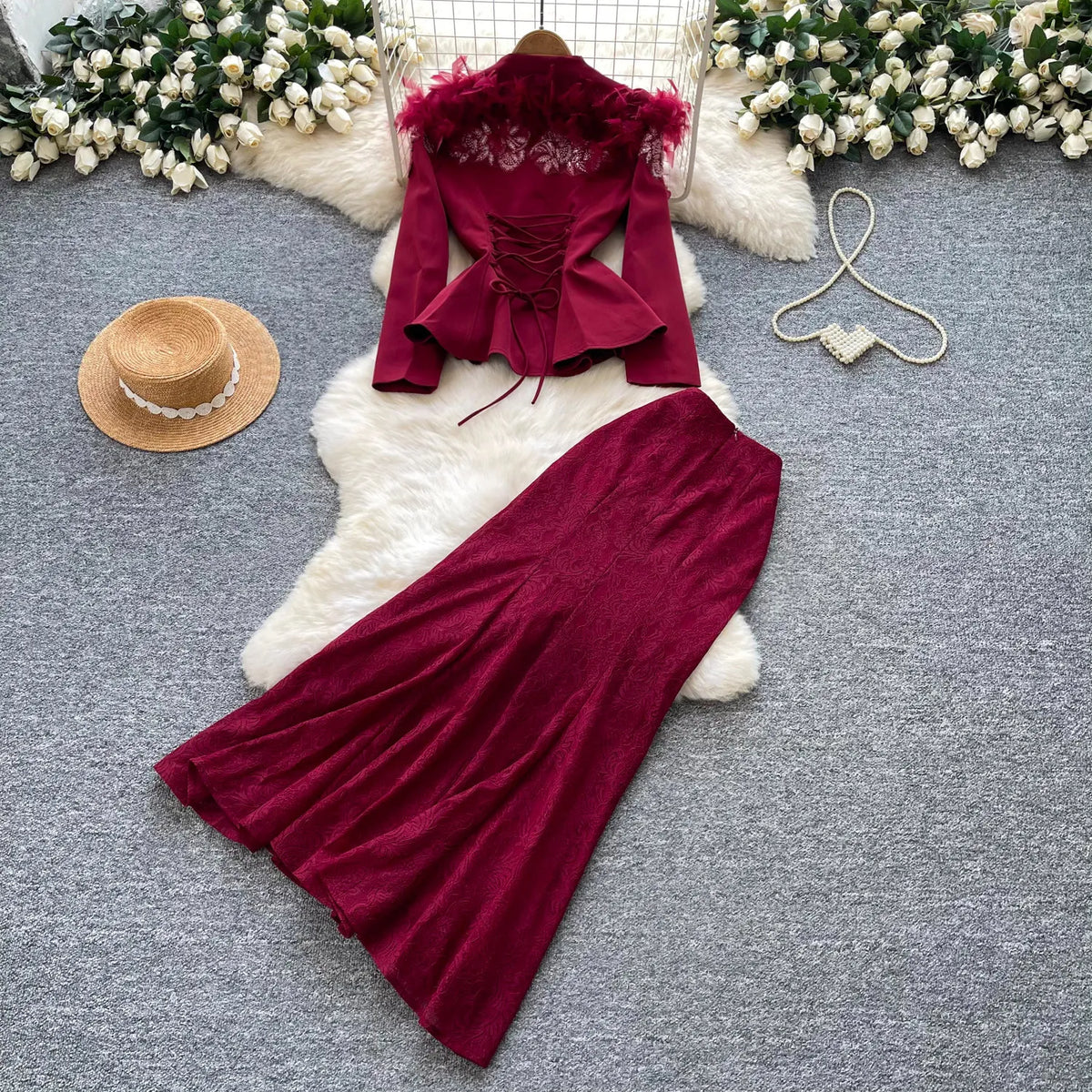 Beaded Feather Lace Jacket and Skirt Set