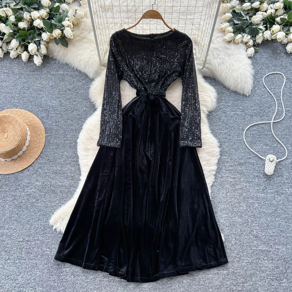Sequin Velour Long Sleeve Dress