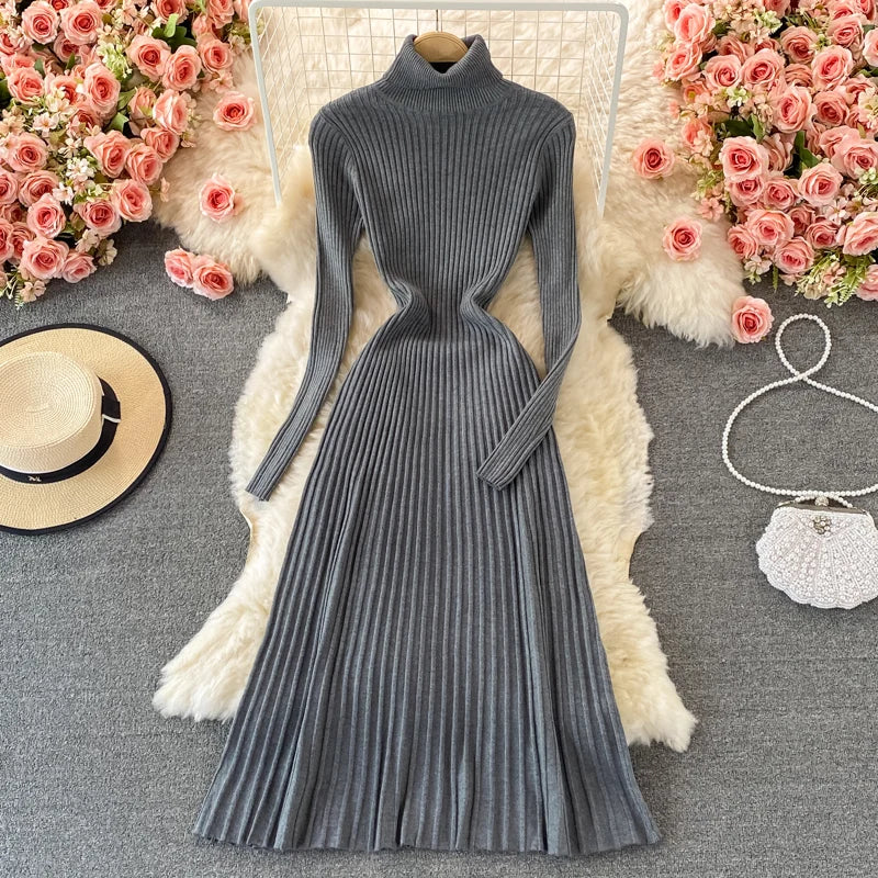 Turtleneck Knit A-Line Sweater Dress
