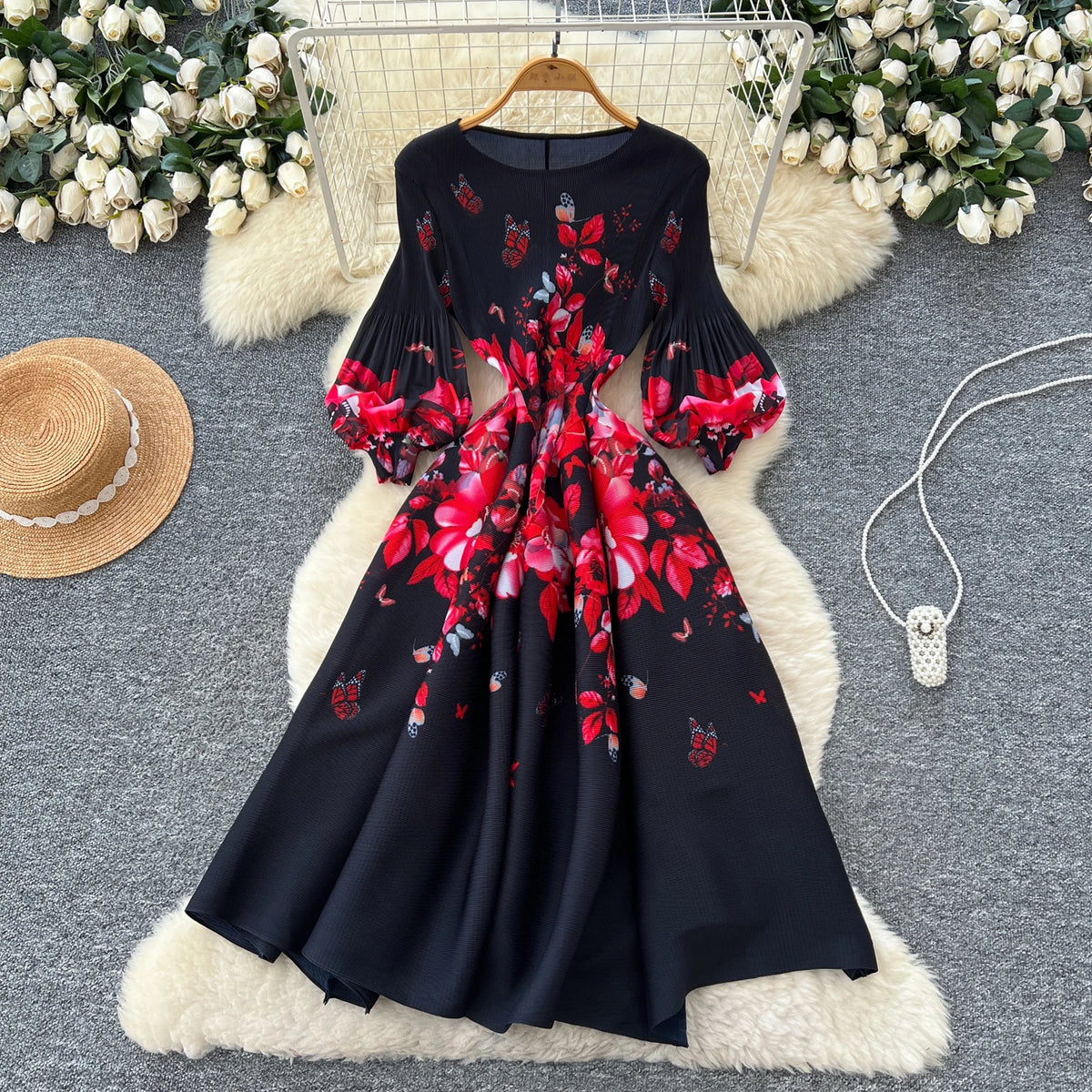 Print Lantern Sleeve High Waist A-Line Dress