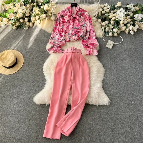 Print Puff Sleeve Blouse and Wide Leg Pants