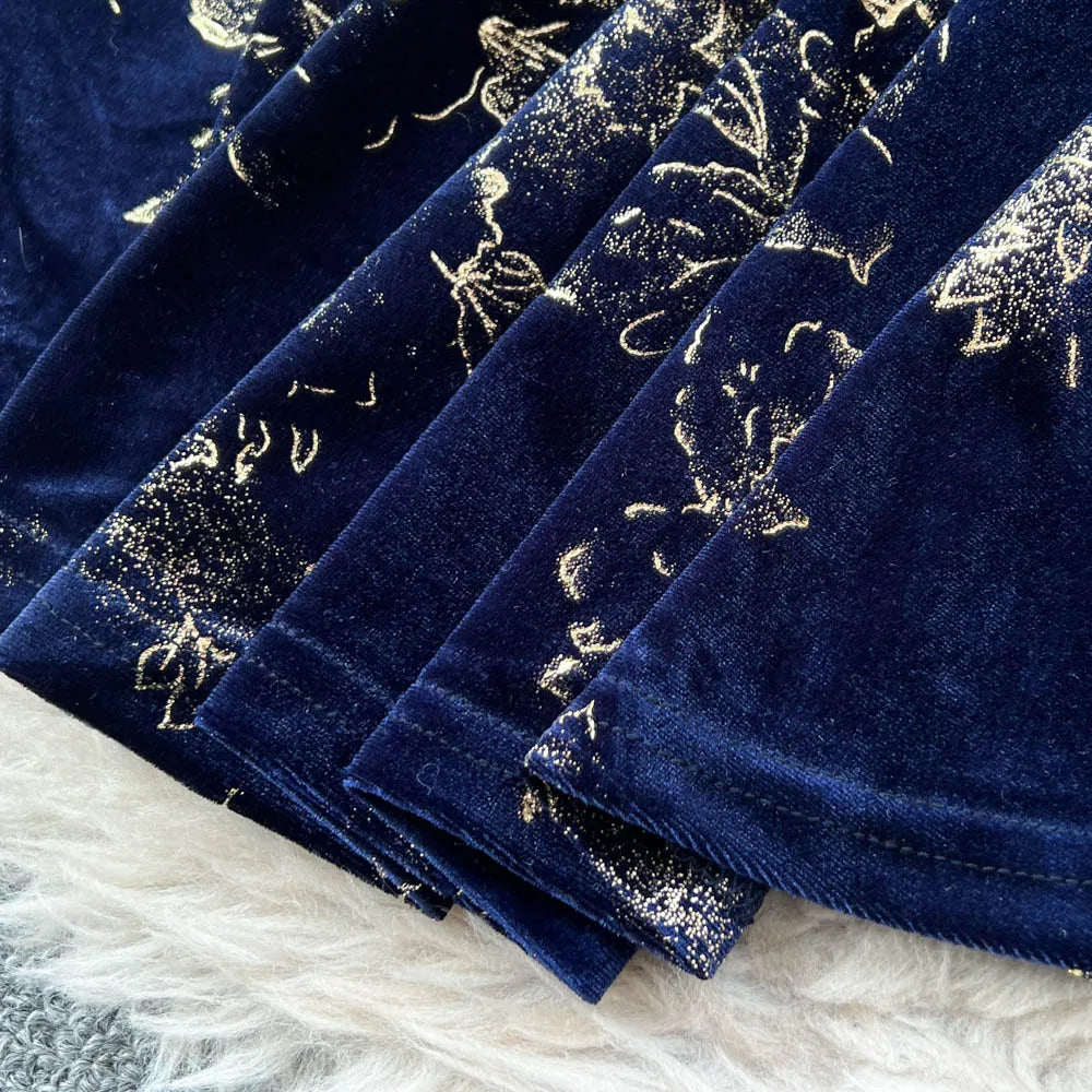 Velour Print Long Sleeve A-Line Dress