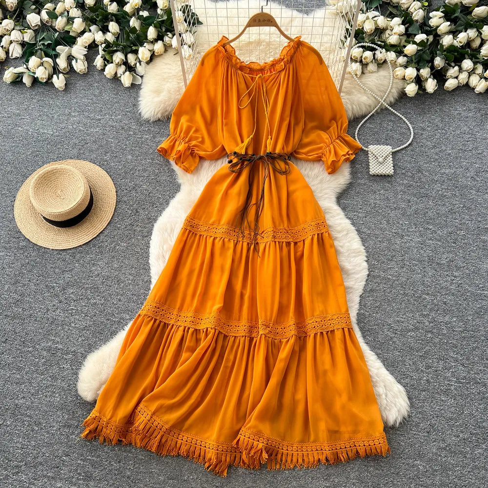 Pleated Ruched Lace-Up Short Sleeve Dress