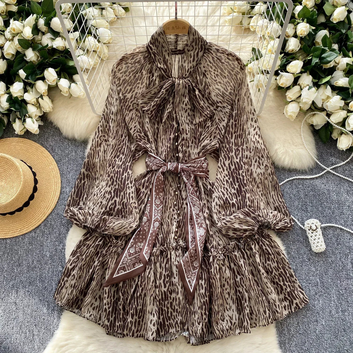 Leopard Mesh Lantern Sleeve Mini Dress