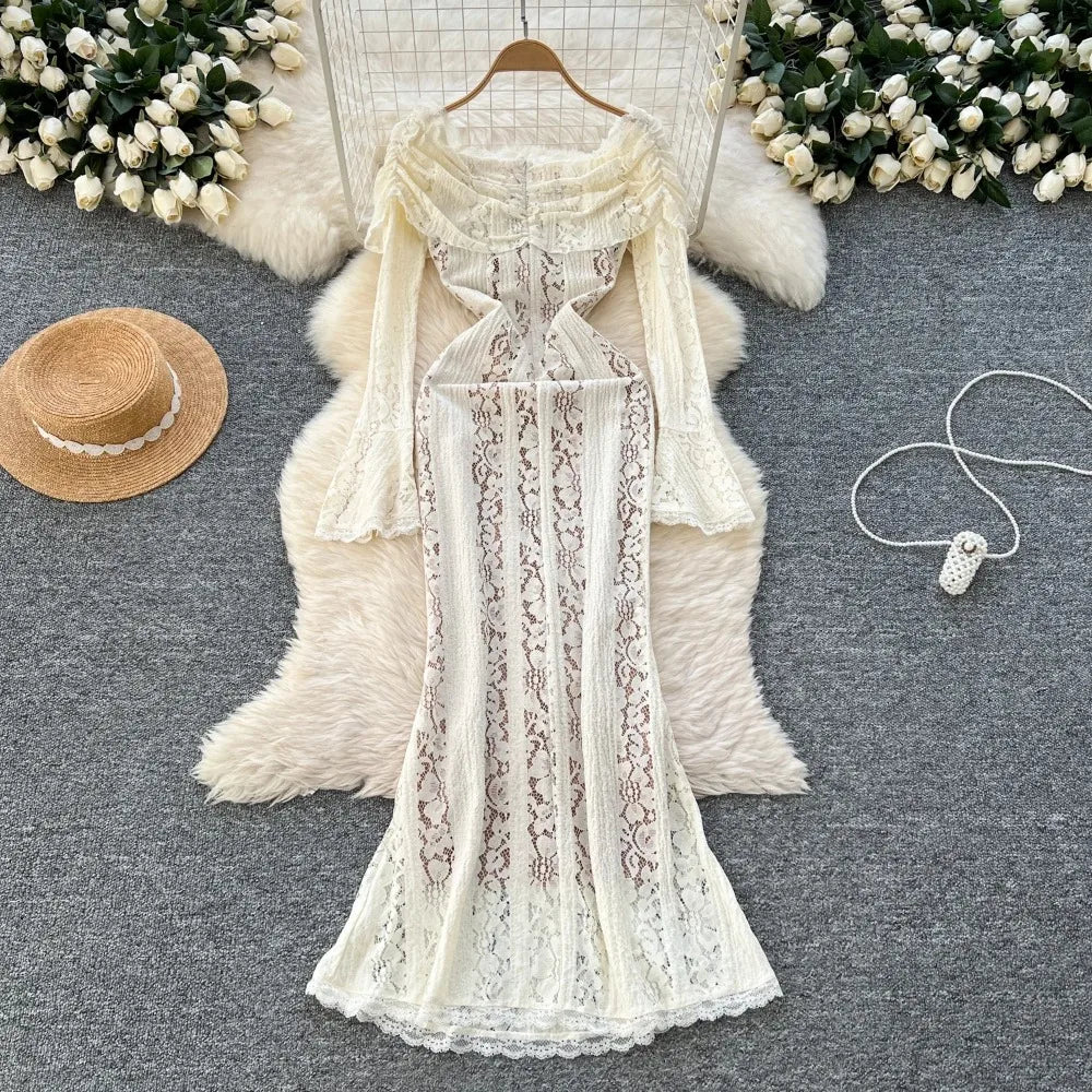 Lace Ruffle Collared Flare Sleeve Maxi Dress