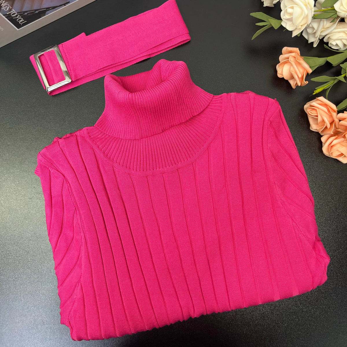 Turtleneck Belted Ribbed Sweater Dress