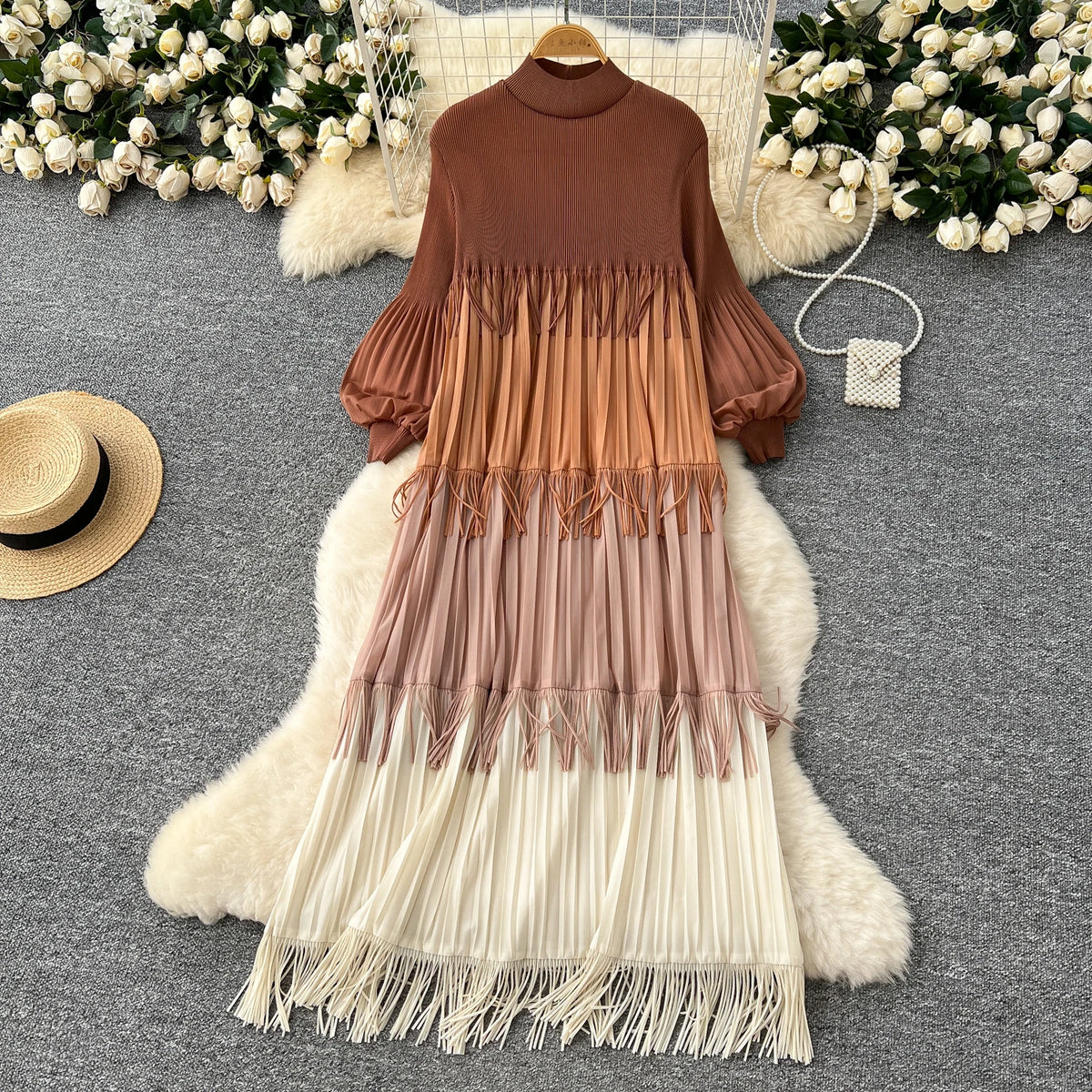 Tassel Patchwork Lantern Sleeve Dress