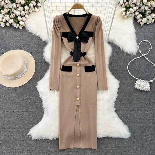 Butterfly Knit V-Neck Bodycon Sweater Dress