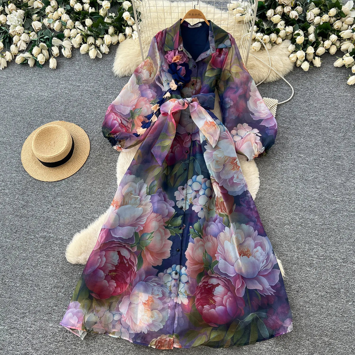 Print Tie-Waist Lantern Sleeve Maxi Dress