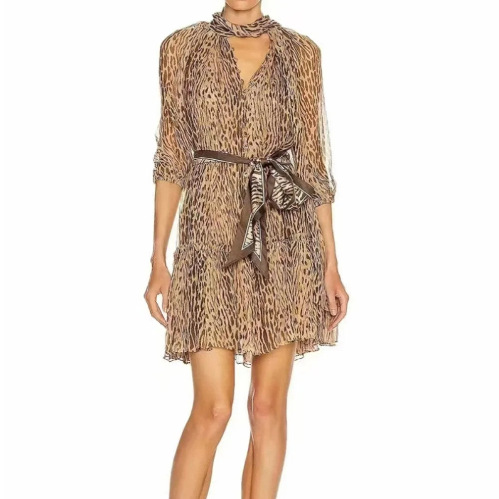 Leopard Mesh Lantern Sleeve Mini Dress