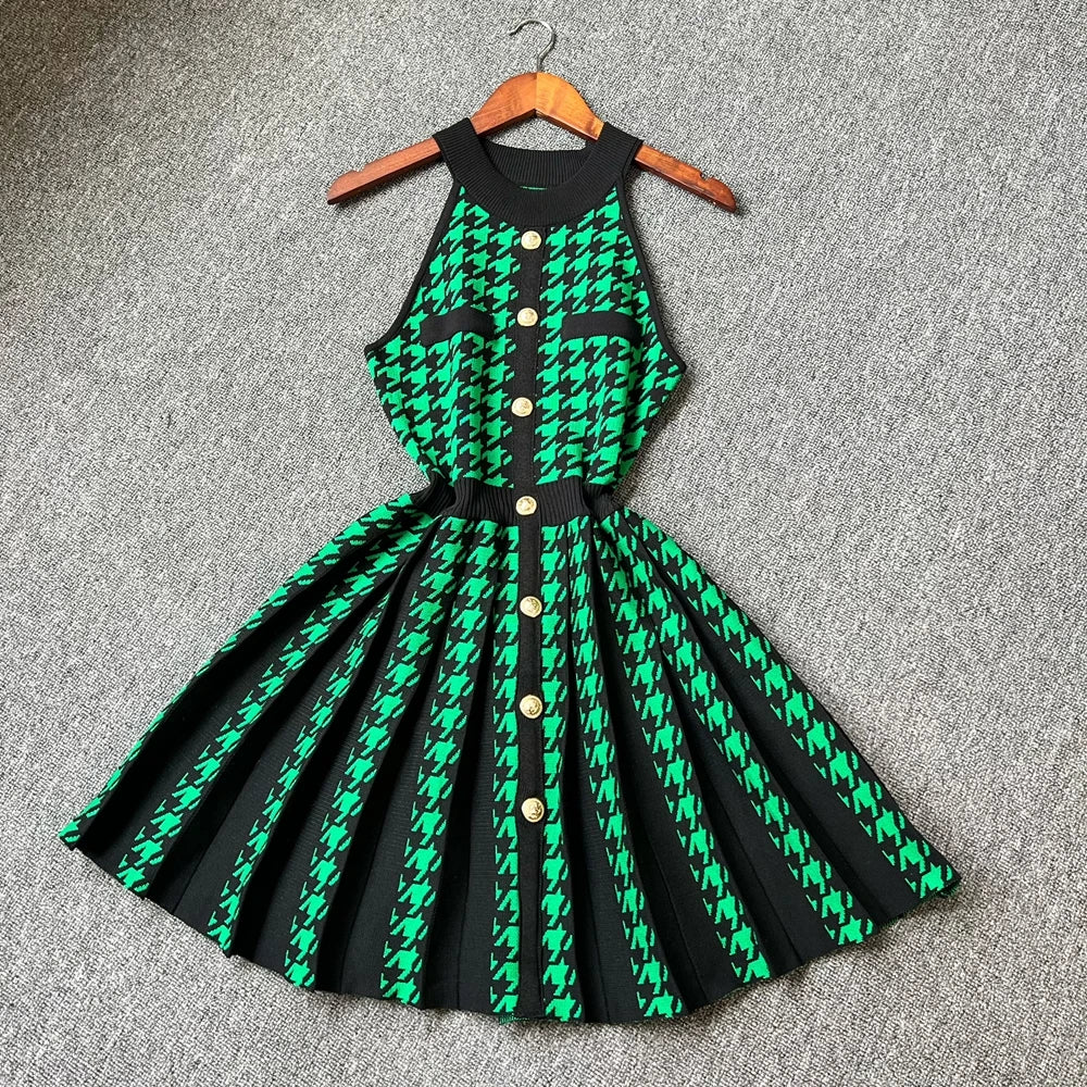 Houndstooth Pleated Knit Mini Dress