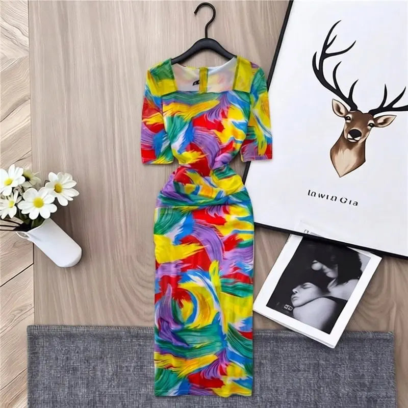 Printed Layered Mesh Bodycon Midi Dress