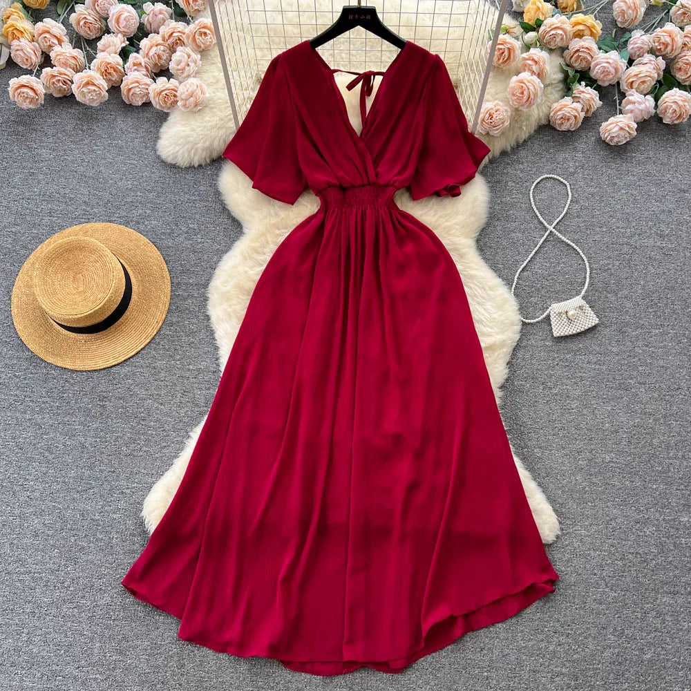 Backless Ruched Chiffon Boho Sundress