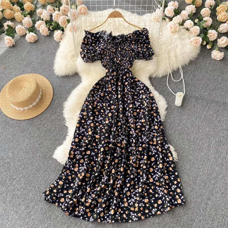 Floral Off-Shoulder Puff Sleeve Maxi Dress