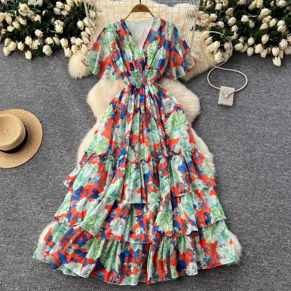 Print Chiffon Butterfly Sleeve A-Line Dress