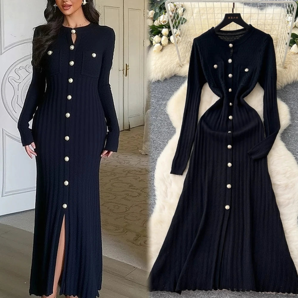 Button Front Knit Maxi Sweater Dress