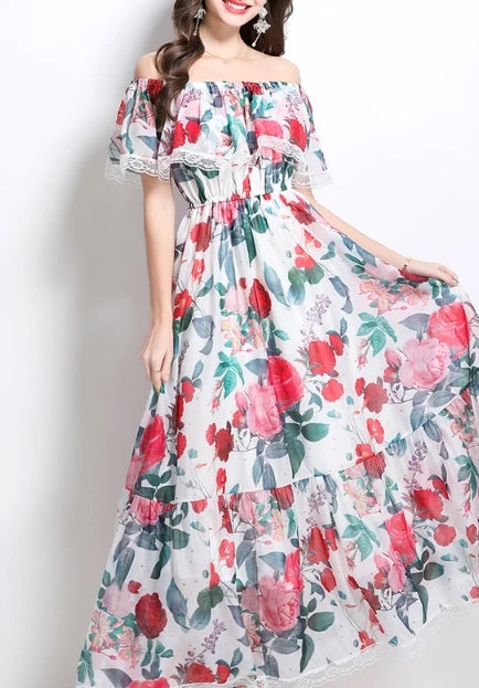 Print Lace Ruffle Off-Shoulder Maxi Dress