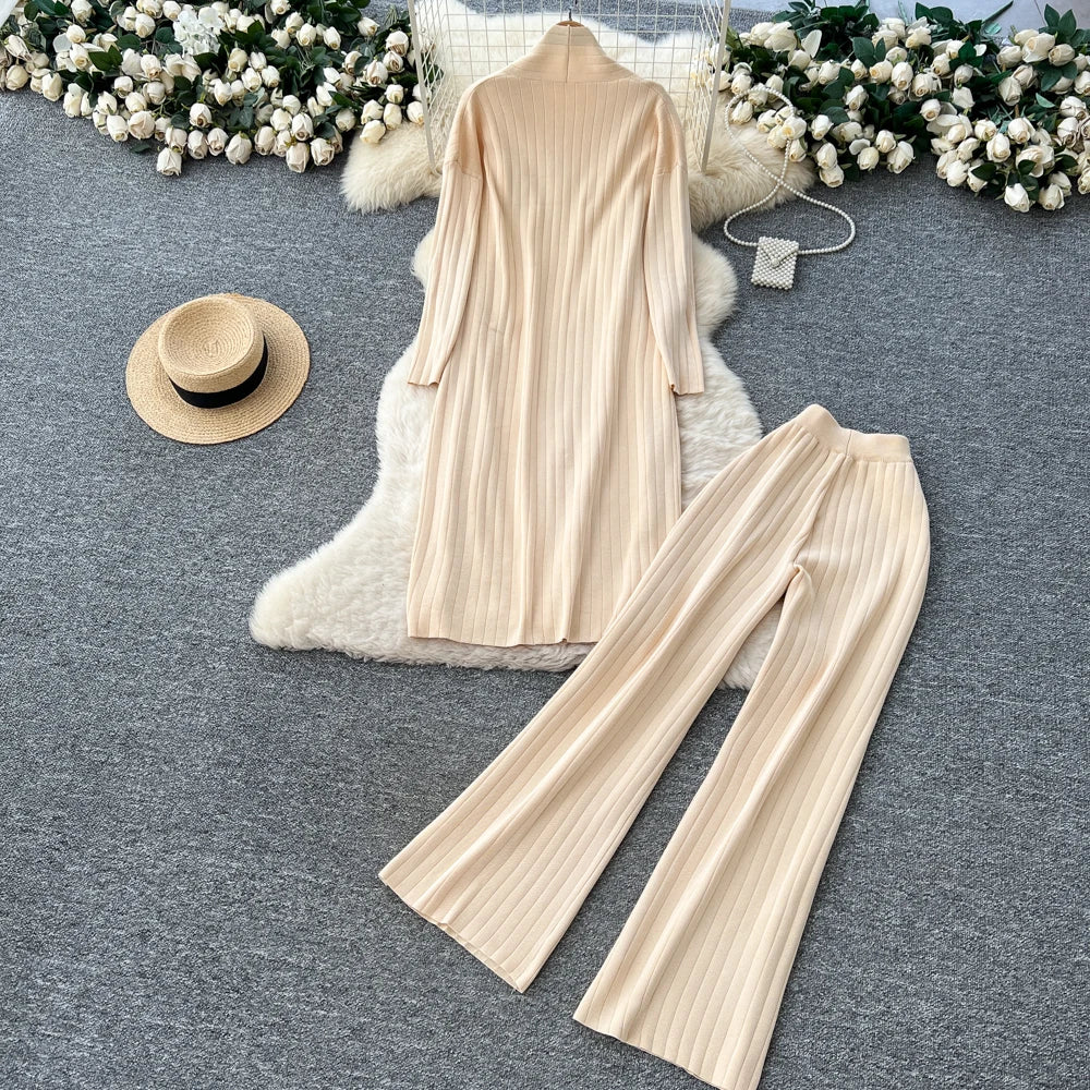 Knit Button Top and Wide Leg Pants Set