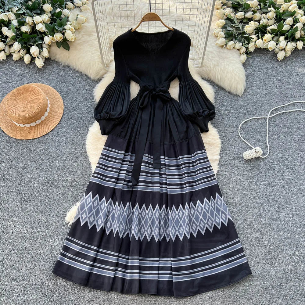 Spliced Print Slim Long Sleeve Dress