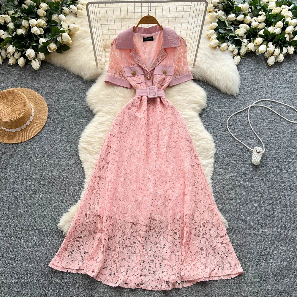 Lace Mesh Short Sleeve Evening Dress