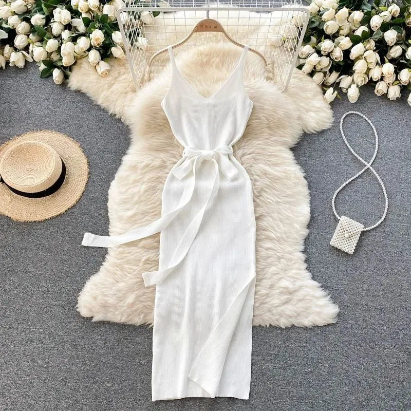 Belted V-Neck Split Knit Maxi Tank Dress