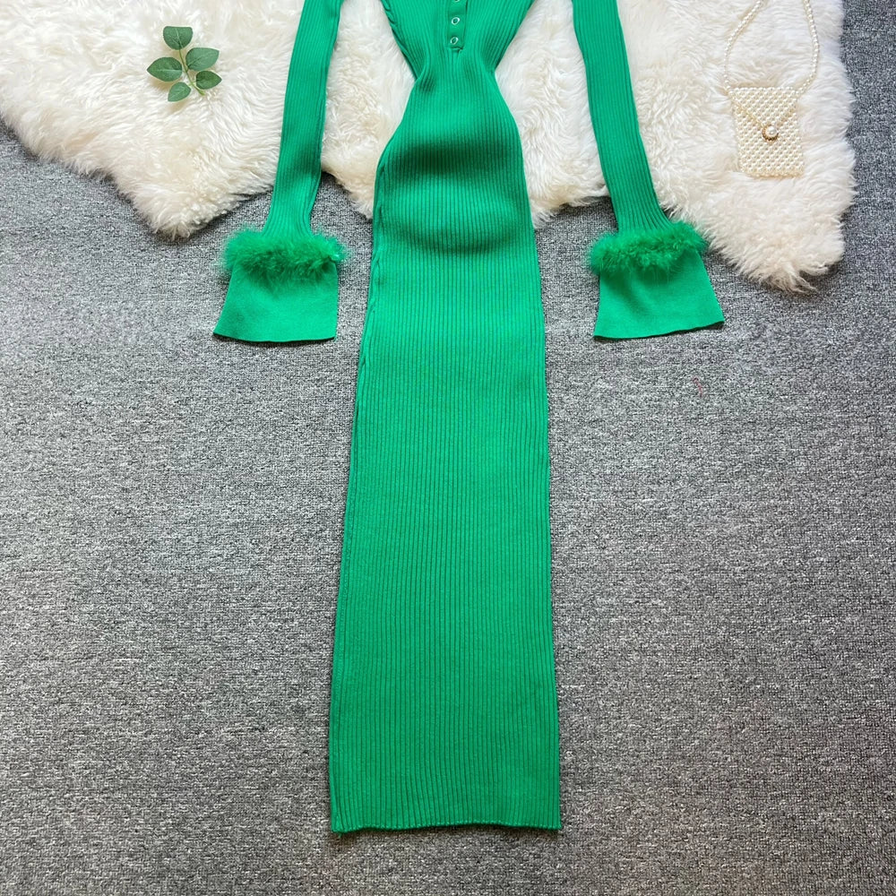 Collared Knit Bodycon Maxi Shirt Dress
