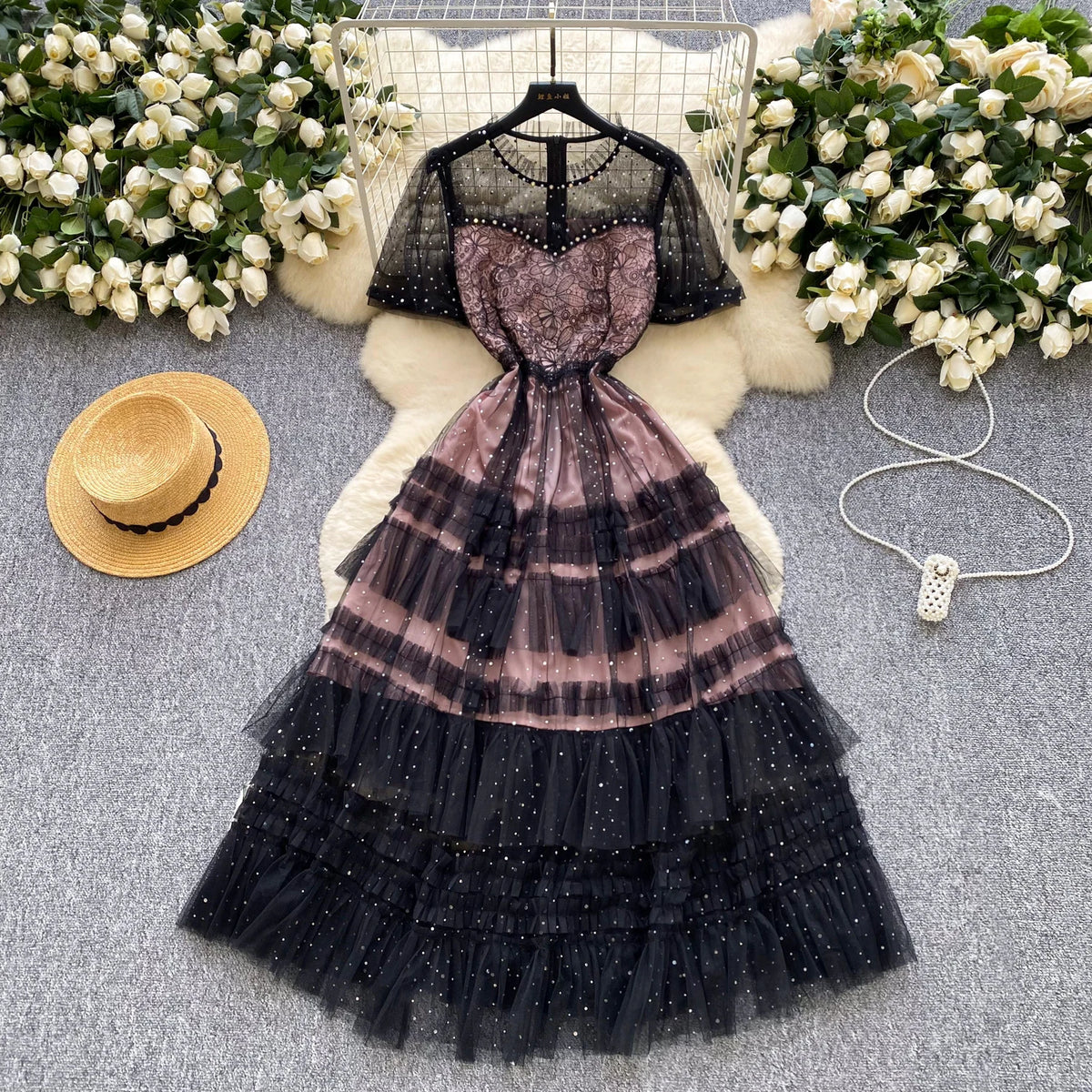 Rhinestone O-Neck Short Sleeve Party Dress