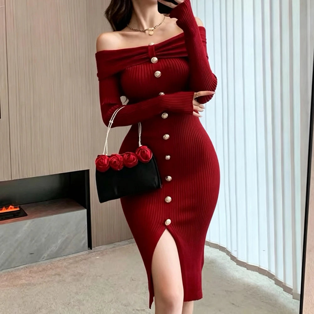 Off-Shoulder Long Sleeve Knit Bodycon Dress