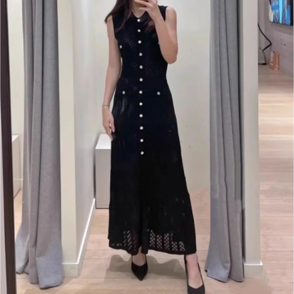 Crochet Knit V-Neck Sleeveless Long Dress