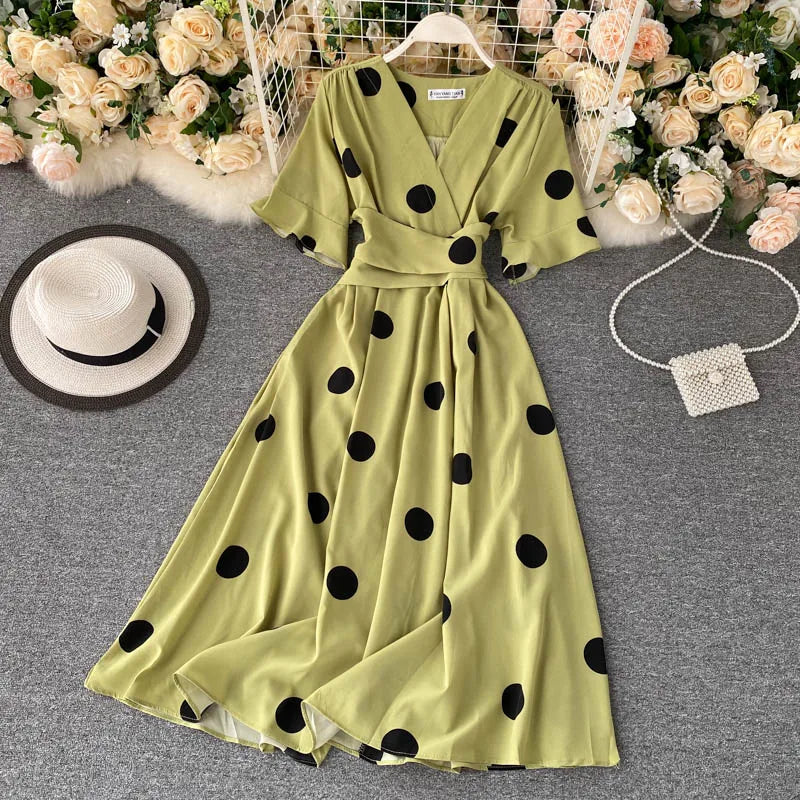 Polka Dot Tie Waist V-Neck Dress