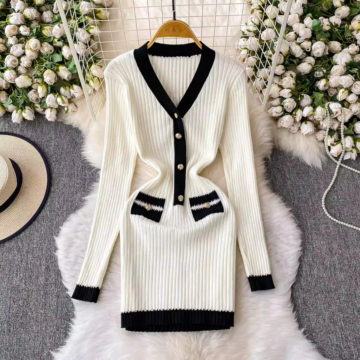 V-Neck Knit Bodycon Short Sweater Dress