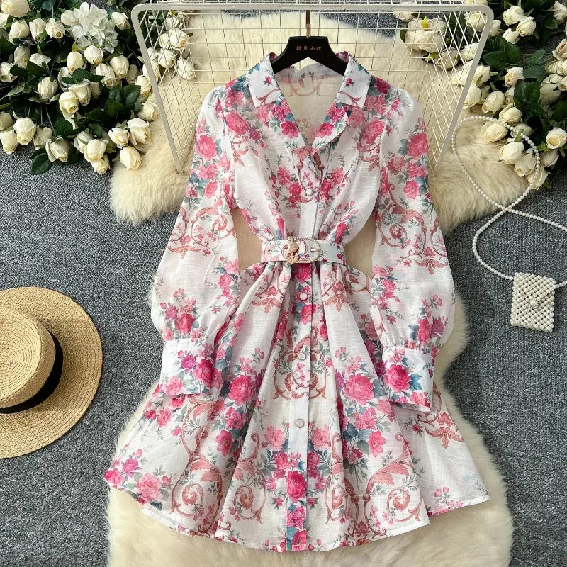 Vintage Print Notched Neck Sash Dress