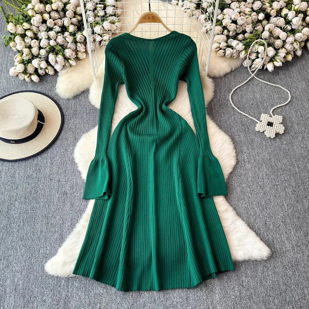 Rib Knit V-Neck A-Line Maxi Dress