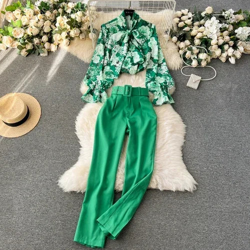 Print Puff Sleeve Blouse and Wide Leg Pants