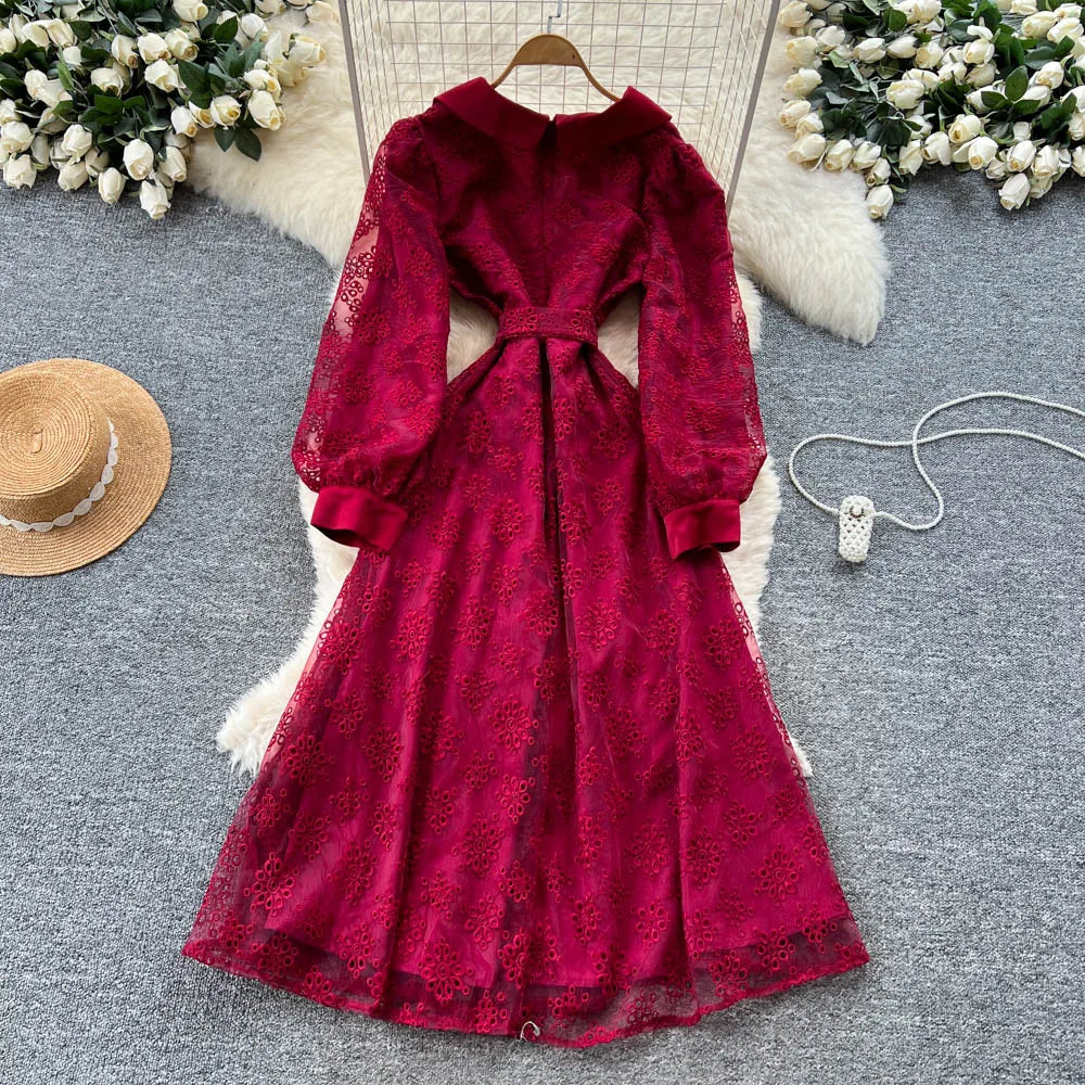 Embroidered Mesh Long Sleeve Dress