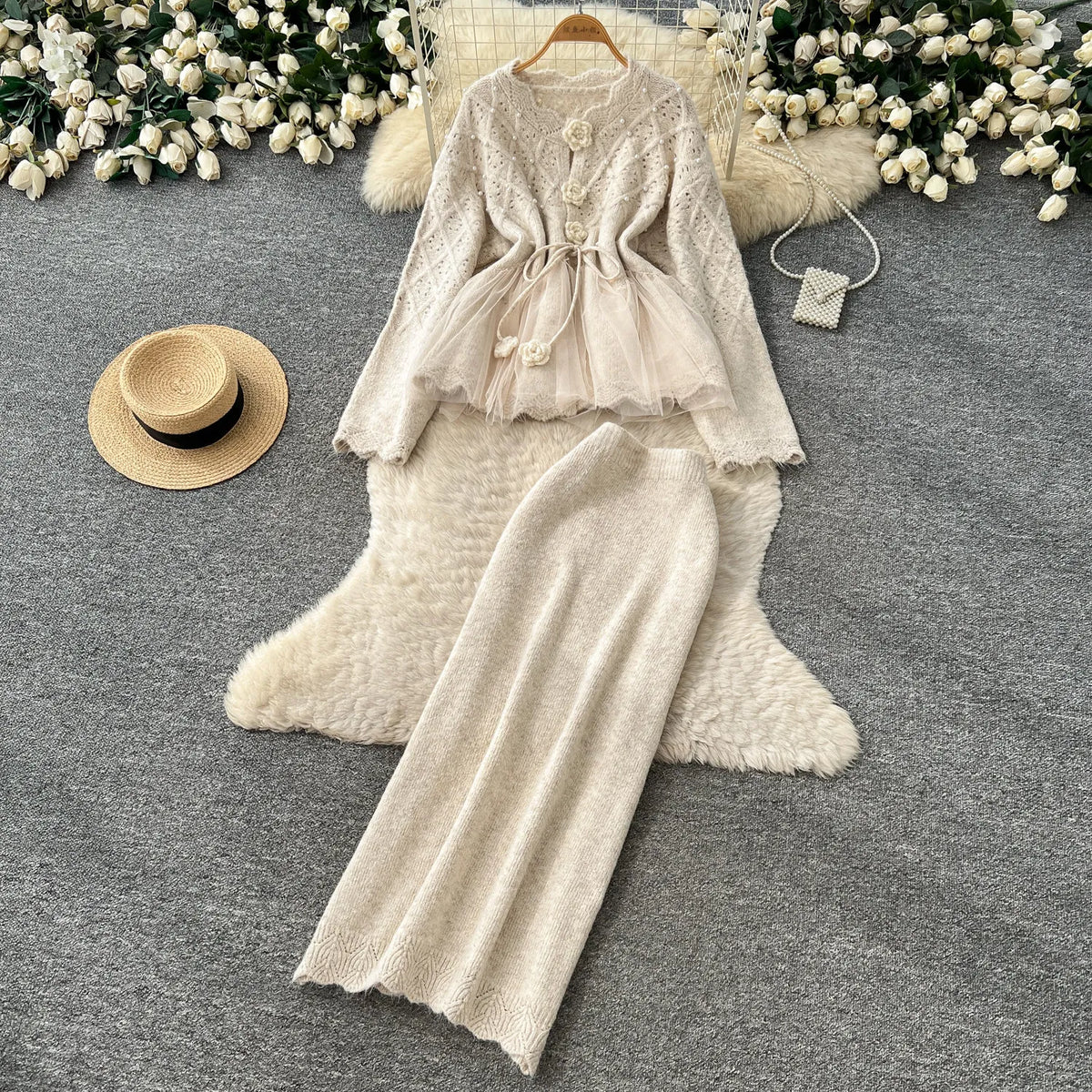Apricot Knit Cardigan and Mesh Mermaid Skirt Set