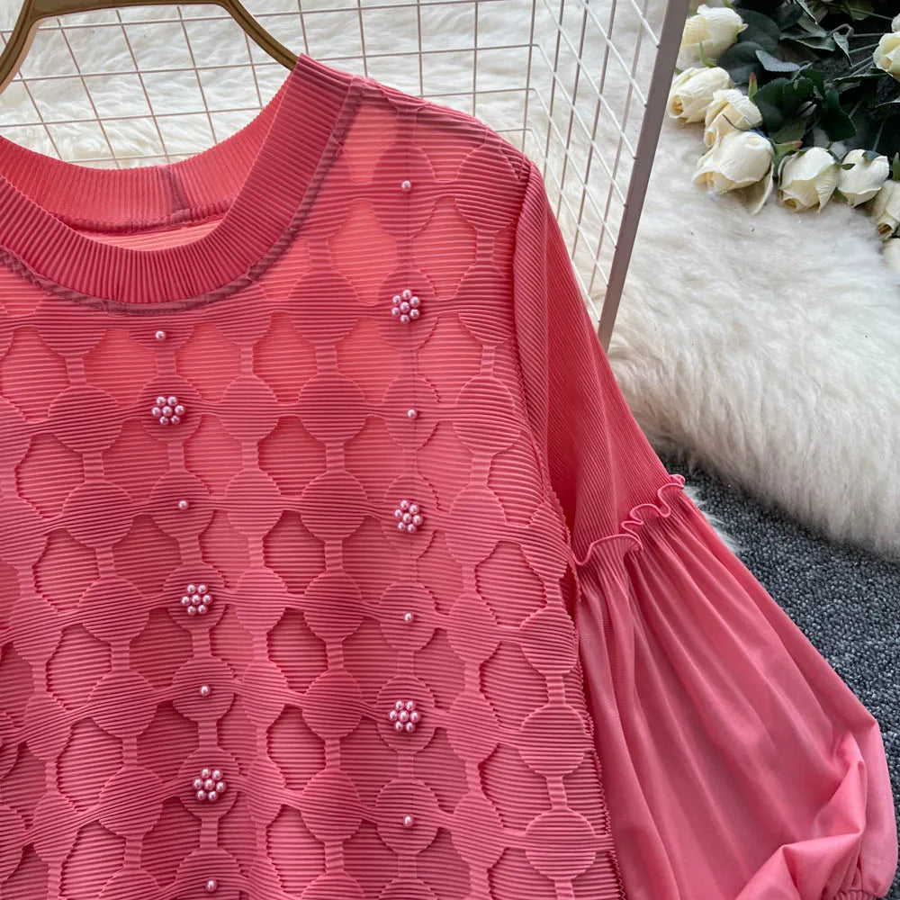 Beaded Spliced Long Sleeve Evening Dress
