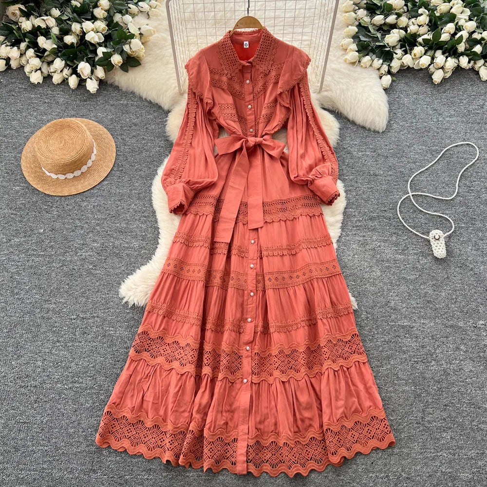 Lace Button-Front Pleated Maxi Dress