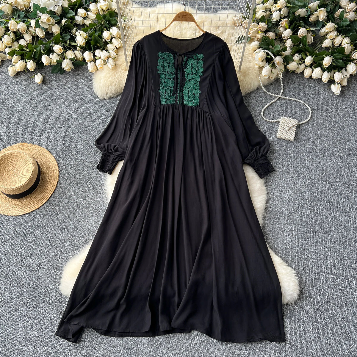 Embroidered Lace-Up Lantern Sleeve A-Line Dress