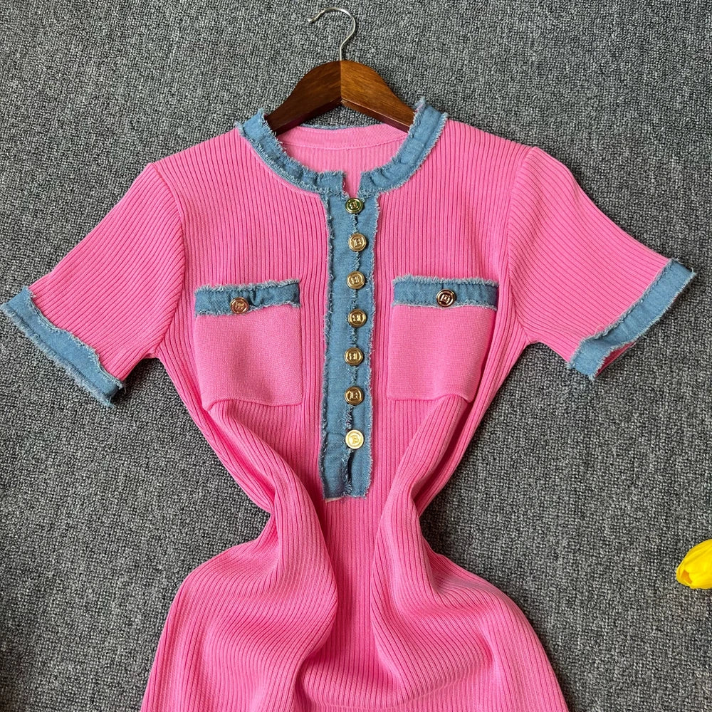 Denim Patchwork Knit Maxi Shirt Dress