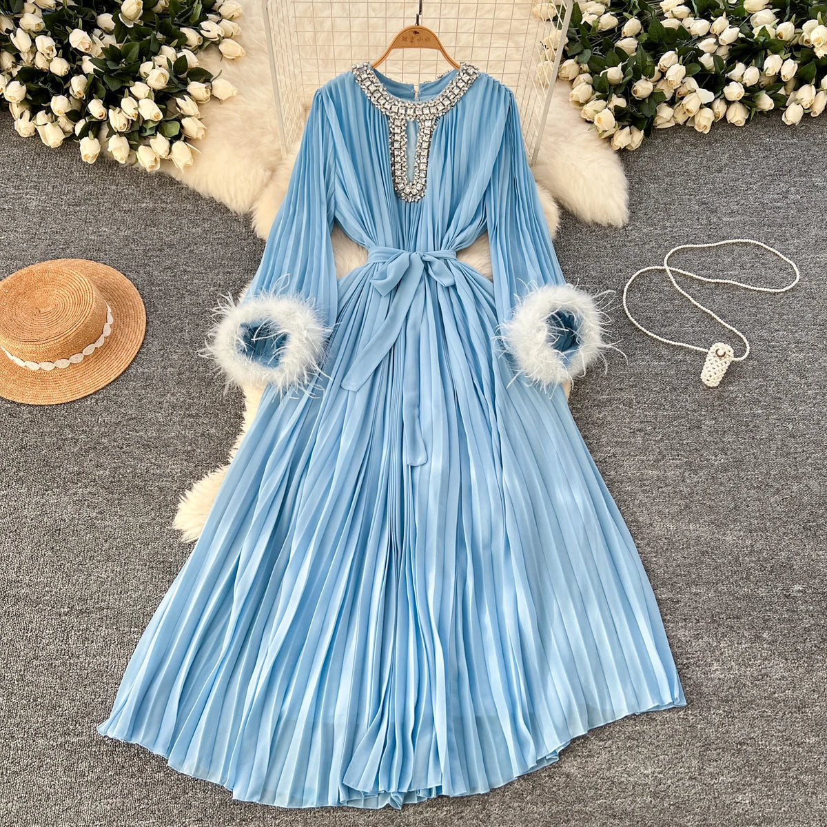 Rhinestone Plush Pleated Maxi Dress