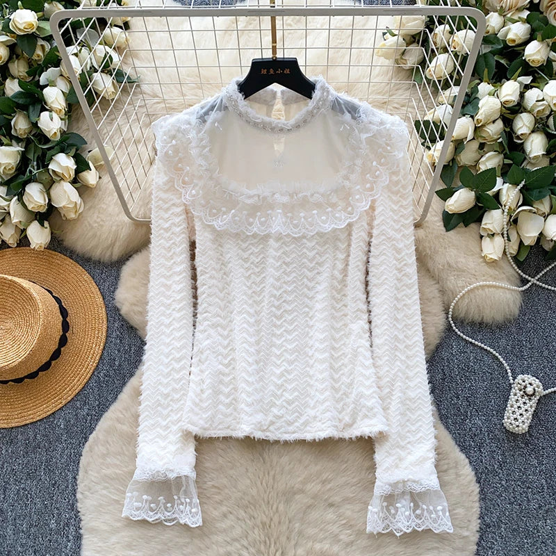 White Lace Trim Stand Collar Blouse