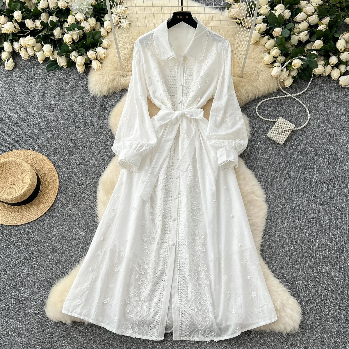 Embroidered Collared Lantern Sleeve Maxi Dress