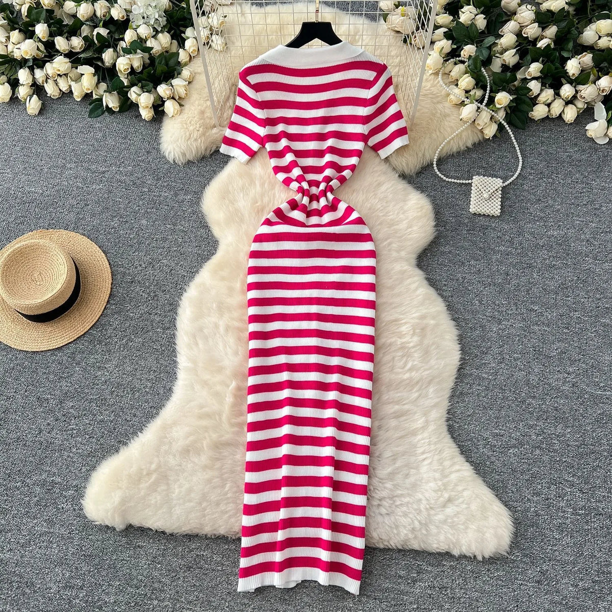 Striped Short Sleeve Knit Maxi Dress