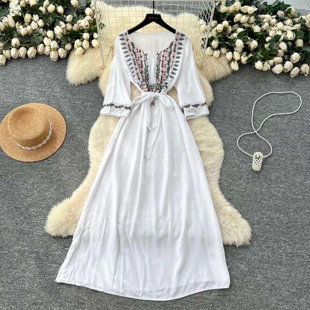 Embroidered Print Lace-Up Beach Dress
