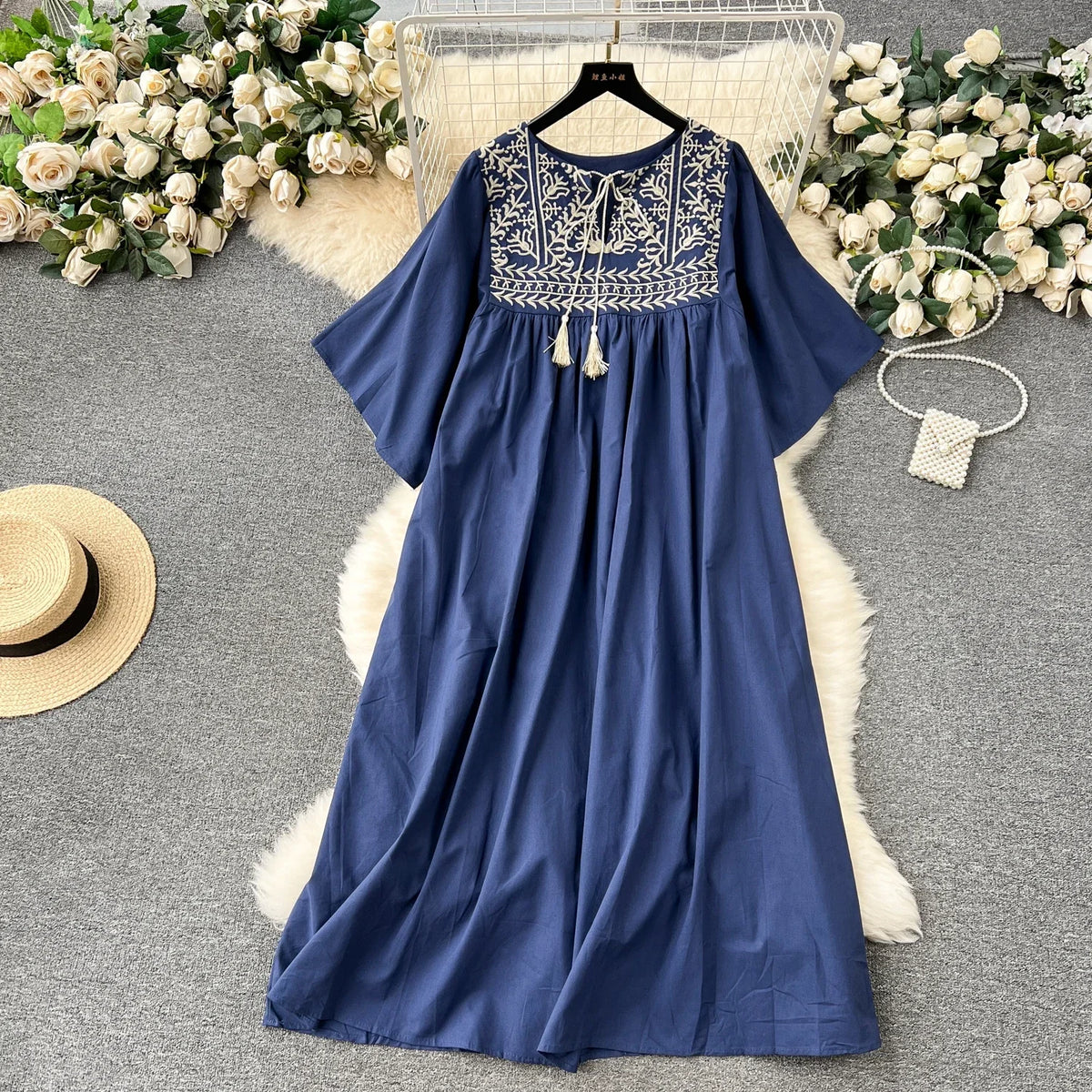 Embroidered Tassel Short Sleeve Dress